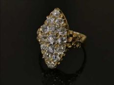 A diamond set cluster ring, the fifteen diamonds within a marquise setting, on yellow gold shank,