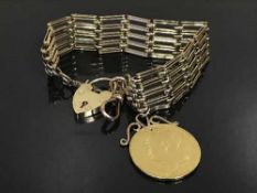 A 9ct gold gate bracelet, with mounted George IIII gold £2 coin, 43.1g.