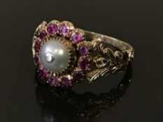 A ruby and pearl cluster ring,