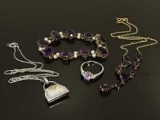 A 9ct gold amethyst and cultured pearl bracelet, together with a 9ct gold and amethyst necklace,