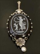 A fine Victorian diamond and cultured pearl cameo pendant, French marks, 21.