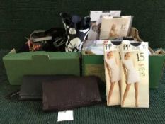 Three boxes of quantity of lady's tops, purses, belts,