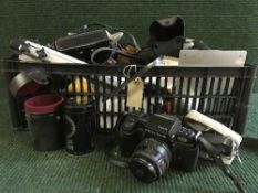 A basket of cameras, lenses, accessories,