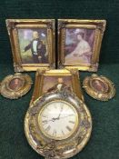 A basket of contemporary gilt framed wall clock,