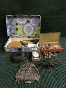 A box of chain purse, silver handled button hook, vintage bottle opener, stop watch, celtic brooch,