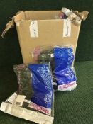 Two boxes and plastic builder's bucket containing a quantity of flexothane flame retardant clothing