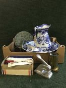 A box of four piece early twentieth century Burslem toilet jug and basin, pewter tankard,