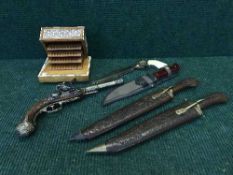 Inlaid musical cigarette box, replica flint lock pistol, reproduction Air Force knife,