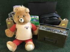 Two boxes of Pioneer double deck, Roberts radio, camera, site light,