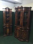 An Italian style triple door display cabinet together with matching corner display cabinet