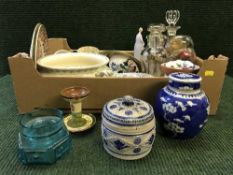 Two boxes of assorted china, chamber pot, glass ware, continental glazed pot,