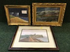 A box of assorted framed pictures including a gilt framed pastel - Tynemouth by Roddick,