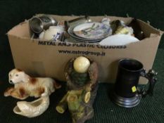Three boxes of china, glass, ginger jars, tankards, two Wade barrels,
