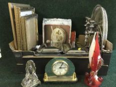 Two boxes of champagne flutes, continental china tea service, table lamp, wooden galleons,