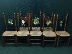 A set of eight pine rush seated farmhouse dining chairs with painted panels