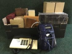 Two boxes of projector, vintage cricket bat, assorted telephones, mahogany box, slides etc.