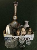 Two boxes of West German vase, pair of Egyptian style table lamps, banjo barometer,