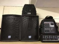 A pair of NJD sound system speakers, a DJ tech professional speaker and mixing deck, T.