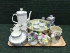 A tray of Royal Doulton Etude tea set, china flower posies, Masons fruit bowl,