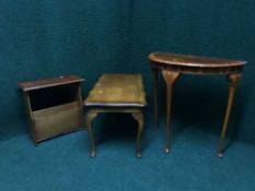 An inlaid yewwood coffee table together with matching D-shaped hall table and magazine rack