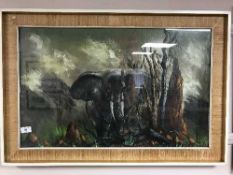 Twentieth century school : African Elephant in a wilderness, oil on canvas, 43 cm x 69 cm, framed.