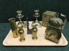 A tray of anniversary clock, brass candlesticks,