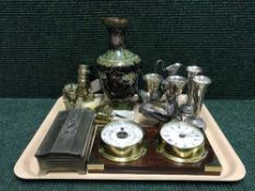 A tray of Cloissone vase, pair of brass Egyptian busts on marble stands, plated ware, wall clock,