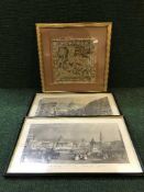 A box of gilt framed needlework depicting a camel,