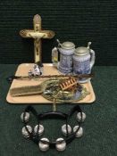 A tray of two pottery pewter lidded Old Spice tankards, crucifix, tambourine, shoe horn,