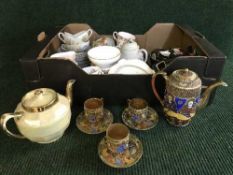 Two boxes of assorted tea china, tea sets, Crown Ducal teapot on stand, sugar basin and milk jug,