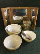 A folding oak triple dressing table mirror together with two Victorian mahogany mirrors,