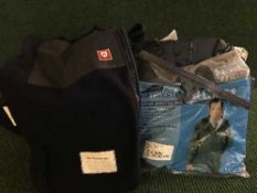 Three boxes of wellies, waterproofs, fleece gillets etc.