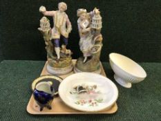 A pair of continental porcelain figures, together with a Wedgwood Guinness Anniversary plate,