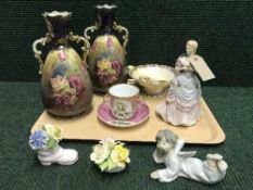 A tray of pair of transfer printed vases, Maling twin handled comport,