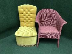 A buttoned draylon bedroom chair and a pink loom basket chair