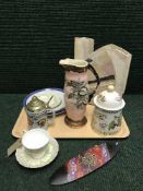 A tray of studio pottery vase, Maling Coleus jug, Tuscan china trio,