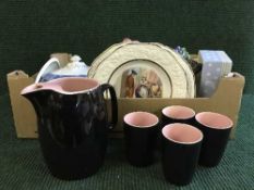 A box of water jug and beakers, fossil leaf, blue and white dinner ware, Masons fruit bowl,