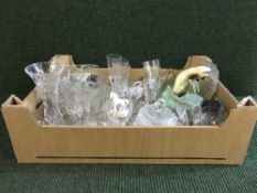 Three boxes of assorted glass, vases, Poole dinner service, alarm clock,