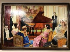 J M Broadbent : Figures by a piano, oil on board, 62 cm x 94 cm, signed, framed.