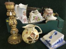 A box of early twentieth century pottery including toilet jug, cheese dish and covers,