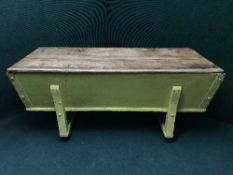 A large pine baker's dough bin on wheels