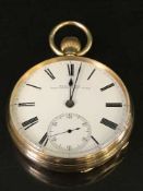 A good 18ct gold open face pocket watch, the white enamel dial signed Reid & Sons,