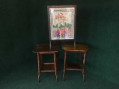 An oak tapestry fire screen and two occasional tables