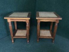 A pair of contemporary pine and wicker glass topped lamp tables