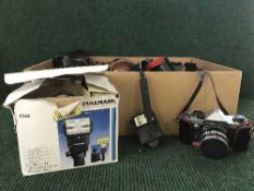 A box of cameras, flashes and lenses - Practica, Symbolica etc.