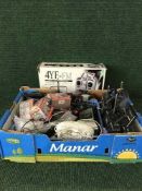 A Futaba four-channel remote control together with a box of control units, chargers, wires etc.