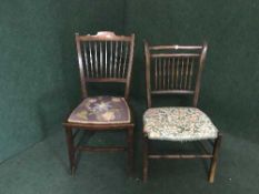 A Victorian inlaid mahogany bedroom chair with tapestry upholstered seat and one other chair