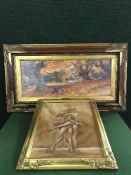 A painted vanity unit, fire screen, marquetry panel,