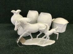 A tray of white Goebel figure of a rearing horse and six pieces of Kaiser ware