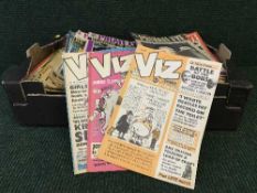 Two boxes of private eye and Viz comics, assorted books, mugs,